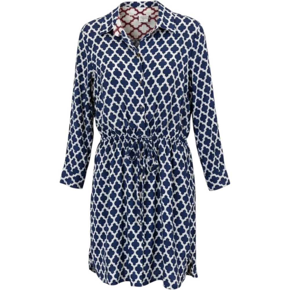 Lands End Shirt Dress 18 Cotton Navy Blue Geometric Pockets Lightweight Preppy